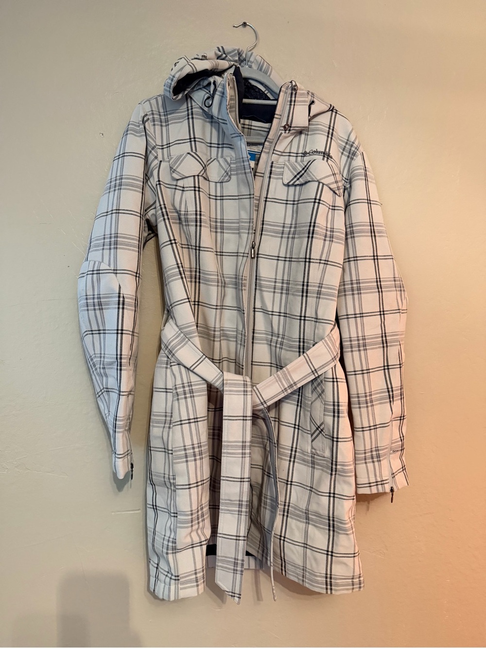 Plaid Belted Hooded Rain Coat - off white